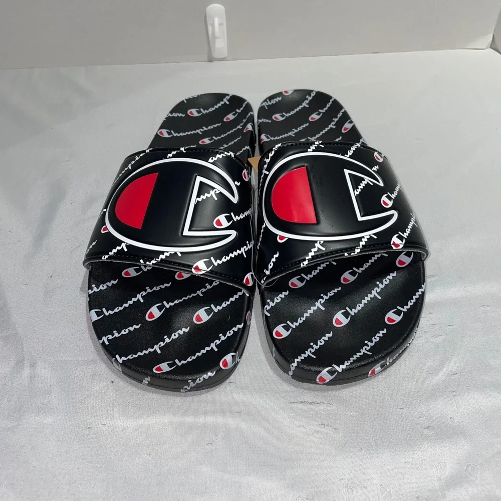Champion IPO Repeat Script Black Red White Slides Mens Size 13 Sandals CM100798M
